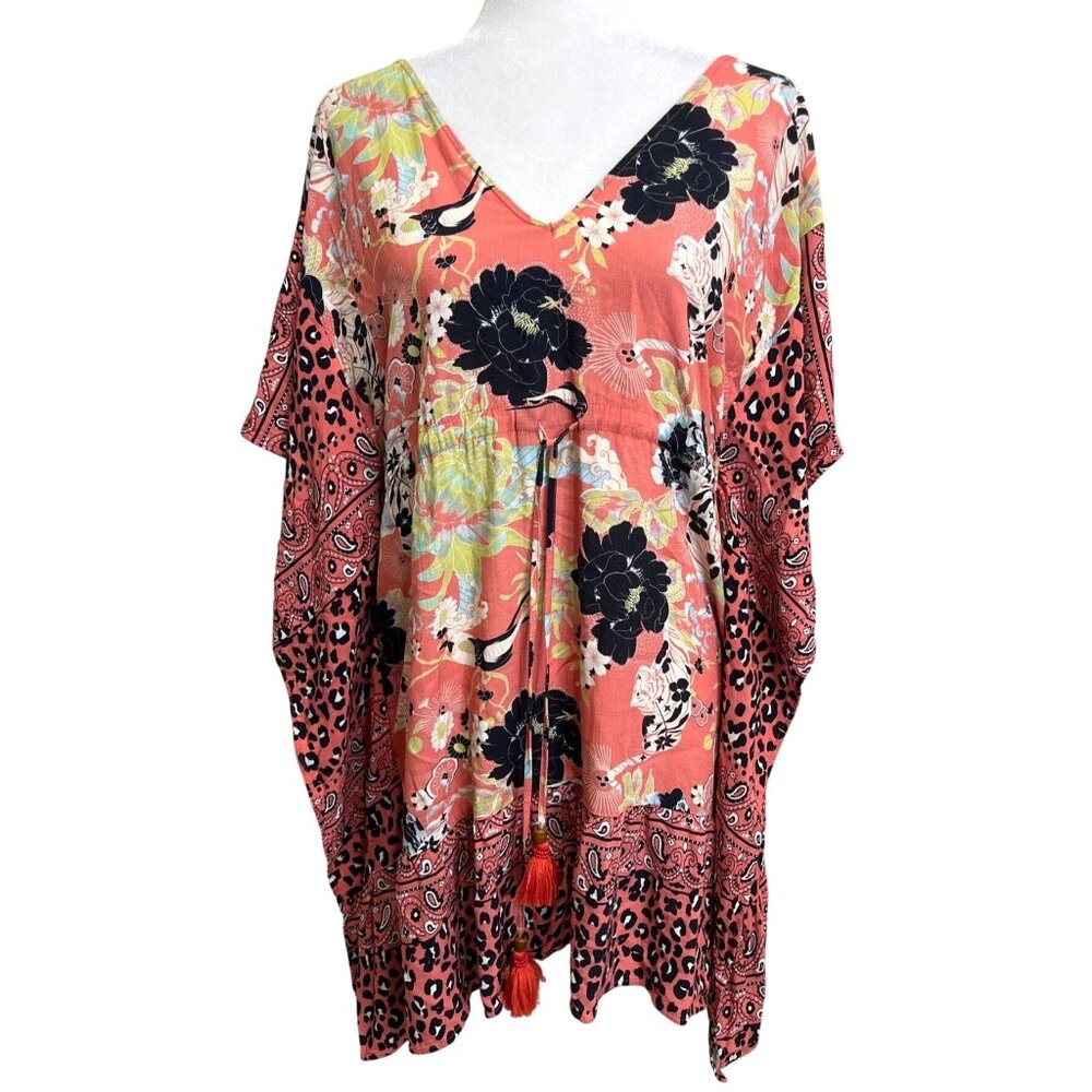 Maaji Kaftan Cover-Up Floral Animal Print Tunic Dress Peach Black Women Size M